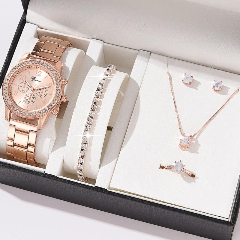 6PCS Set Luxury Watch Women Ring Necklace Earrings Rhinestone Fashion Wristwatch Female Casual Ladies Watches Bracelet Set Clock - Brior